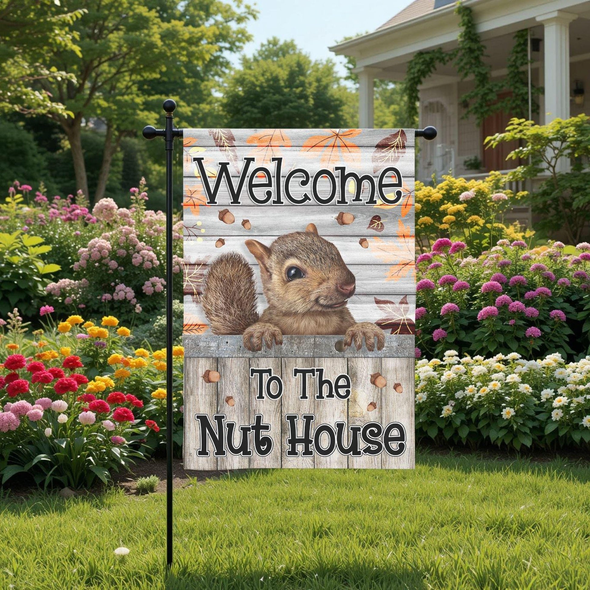 Fall Garden Flag – Welcome To The Nut House Squirrel Double-Sided Outdoor Decor - full product view