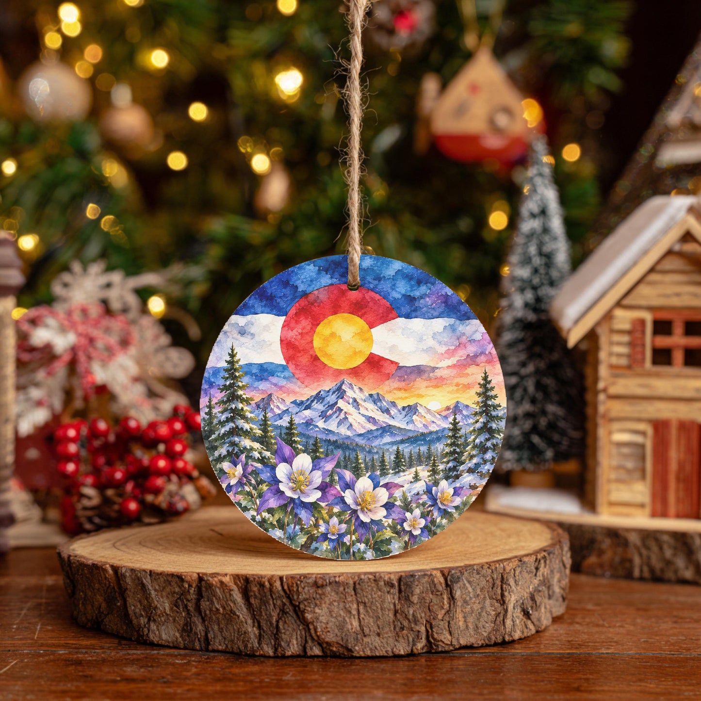 A circular ornament featuring a colorful mountain landscape with a sun in the sky, surrounded by pine trees and flowers, is displayed on a wooden stand in front of a Christmas tree.