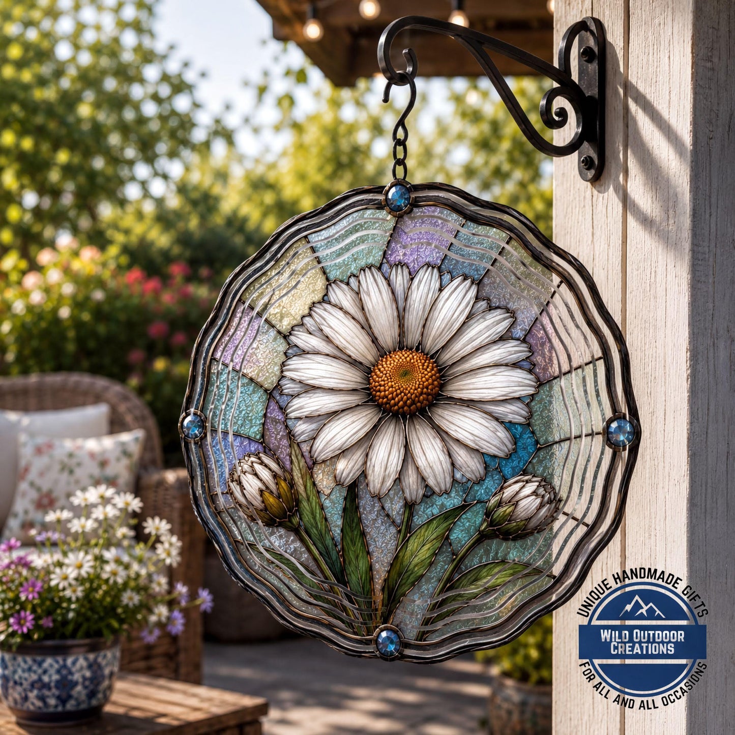 April Birth Flower Daisy Wind Spinner 10 Inch Faux Stained Glass Metal Garden Decor