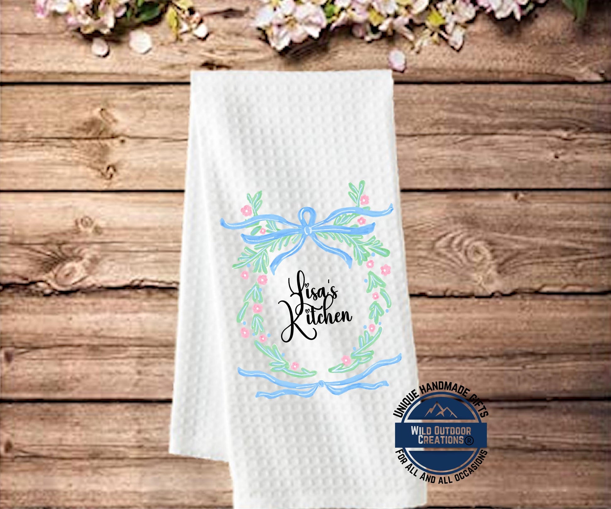 Personalized Kitchen Towel – Custom Name Floral Wreath Waffle Weave Gift - additional product photo 14