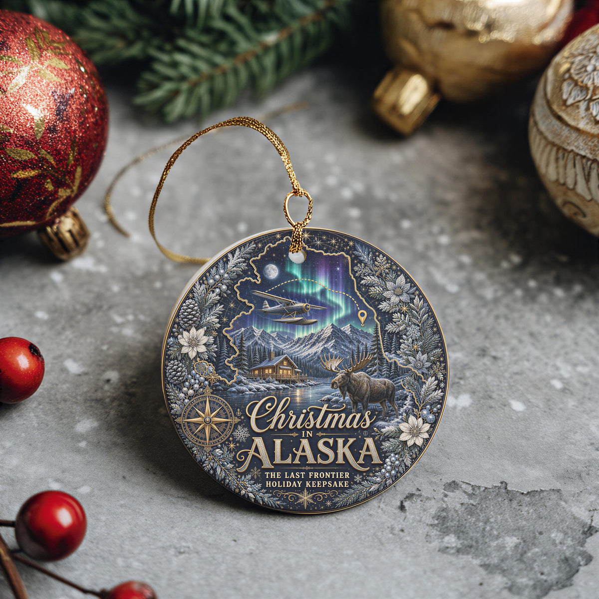 Alaska Ornament - Northern Lights Moose Cabin, 3 Inch Ceramic Tree