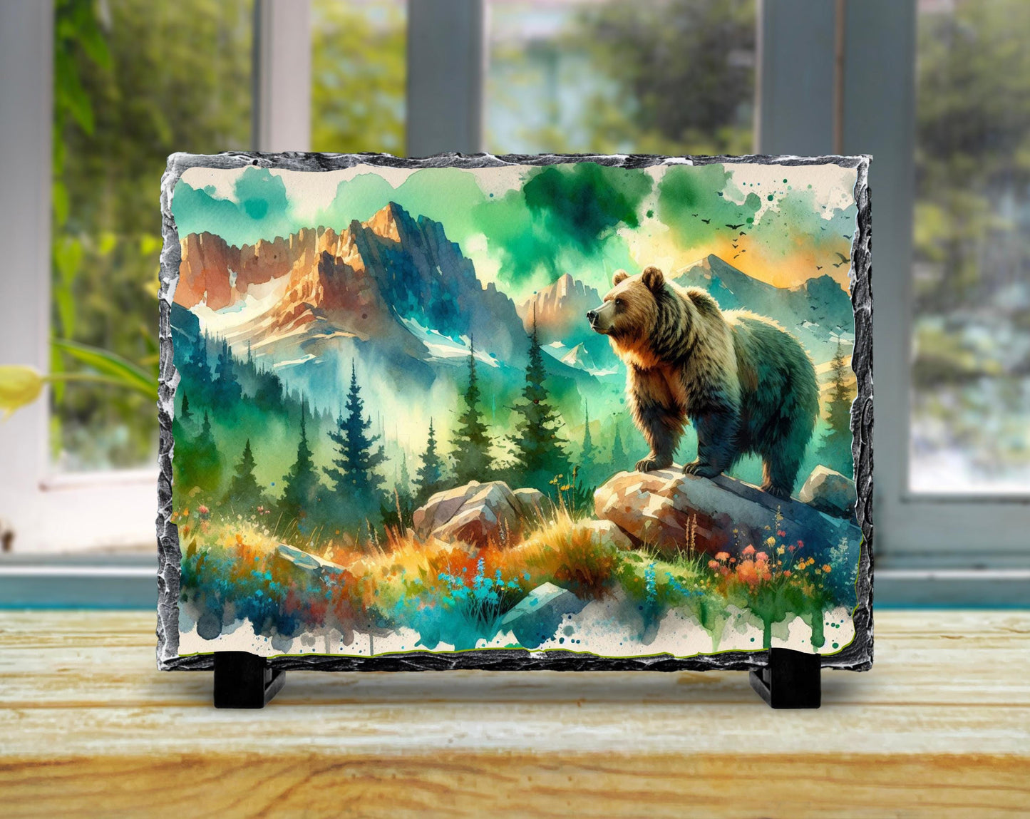 Rustic Bear Slate Plaque - Scenic River  Mountain Forest Decor Gift