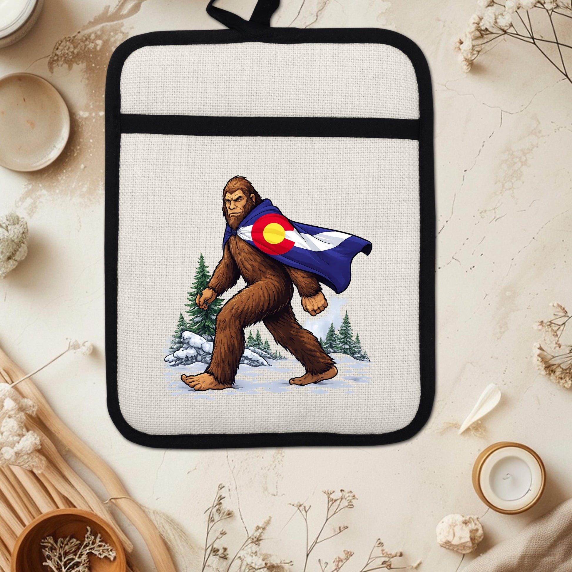 Sasquatch Pot Holder | Colorado Kitchen Decor - Bigfoot Oven Mitt & Heat Resistant Trivet - gift presentation view