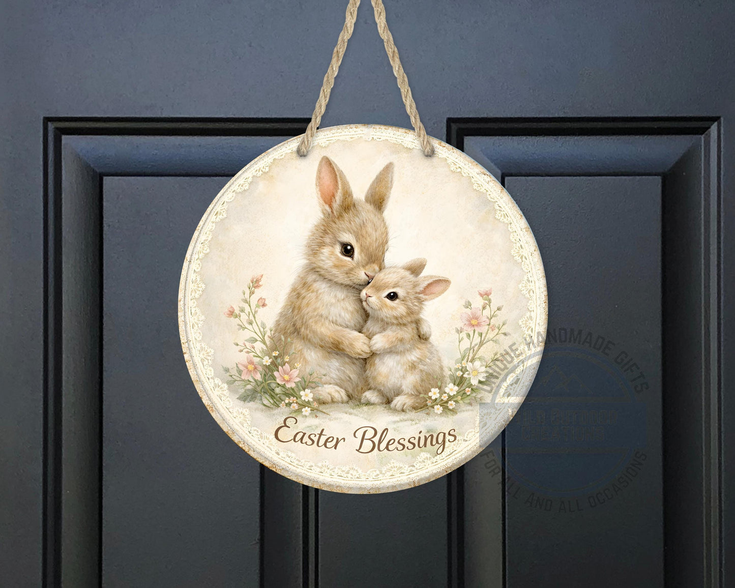 Spring Bunny Door Hanger – Floral Easter Sign | 10" Round Aluminum Decor