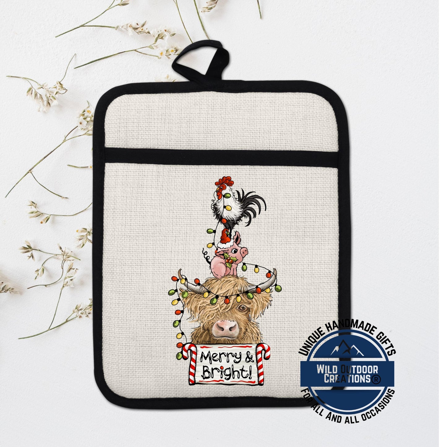 Highland Cow Pot Holder Linen Hot Pad Pig Rooster Merry Bright Kitchen Gift