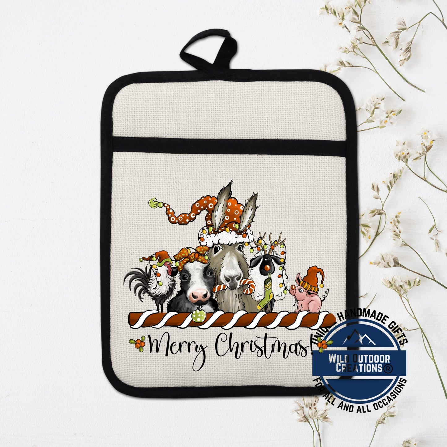 Christmas Farm Animal Pot Holder Linen Hot Pad Donkey Cow Pig Kitchen Gift
