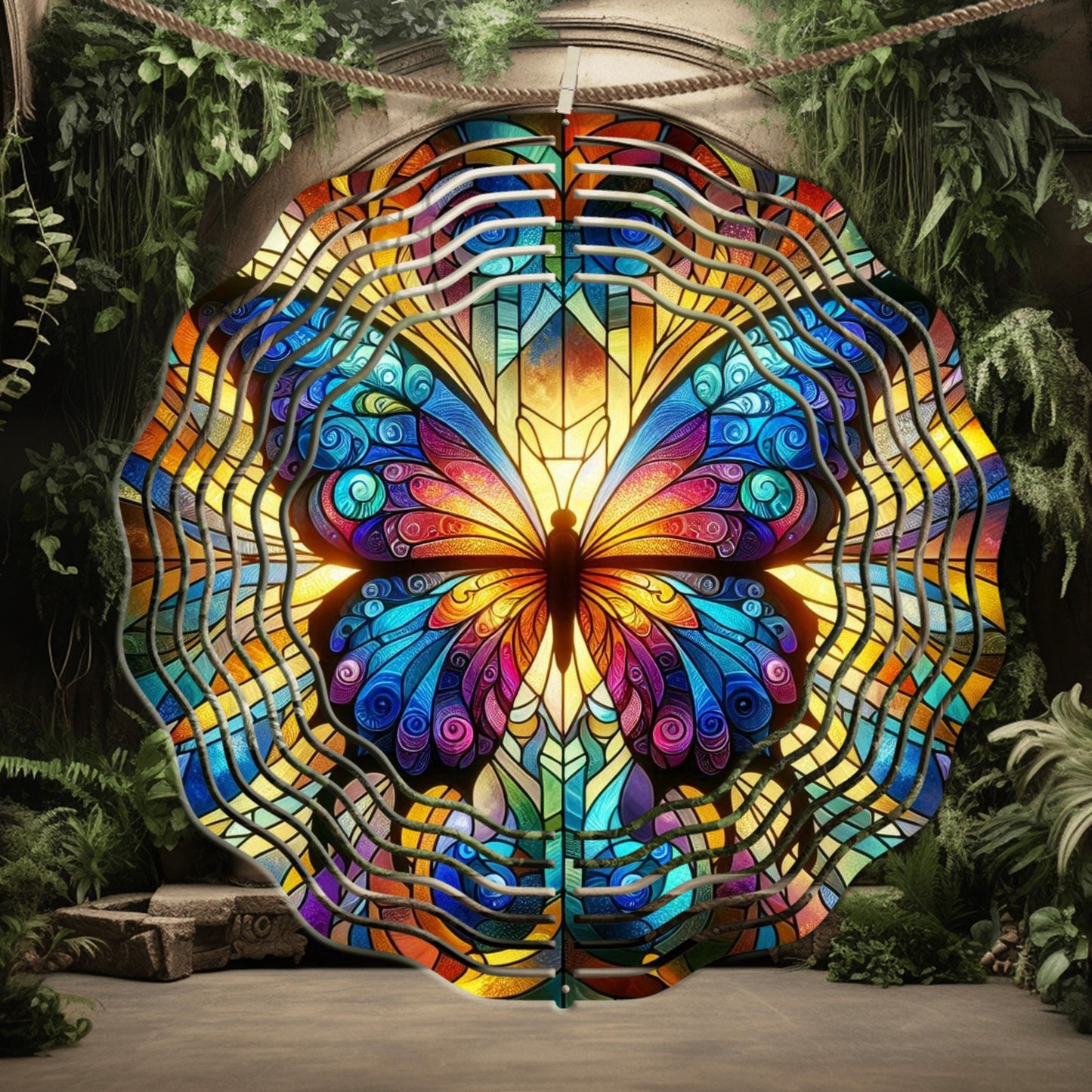 Butterfly Wind Spinner with Vibrant Stained Glass Effect - UV Protected Garden Decor