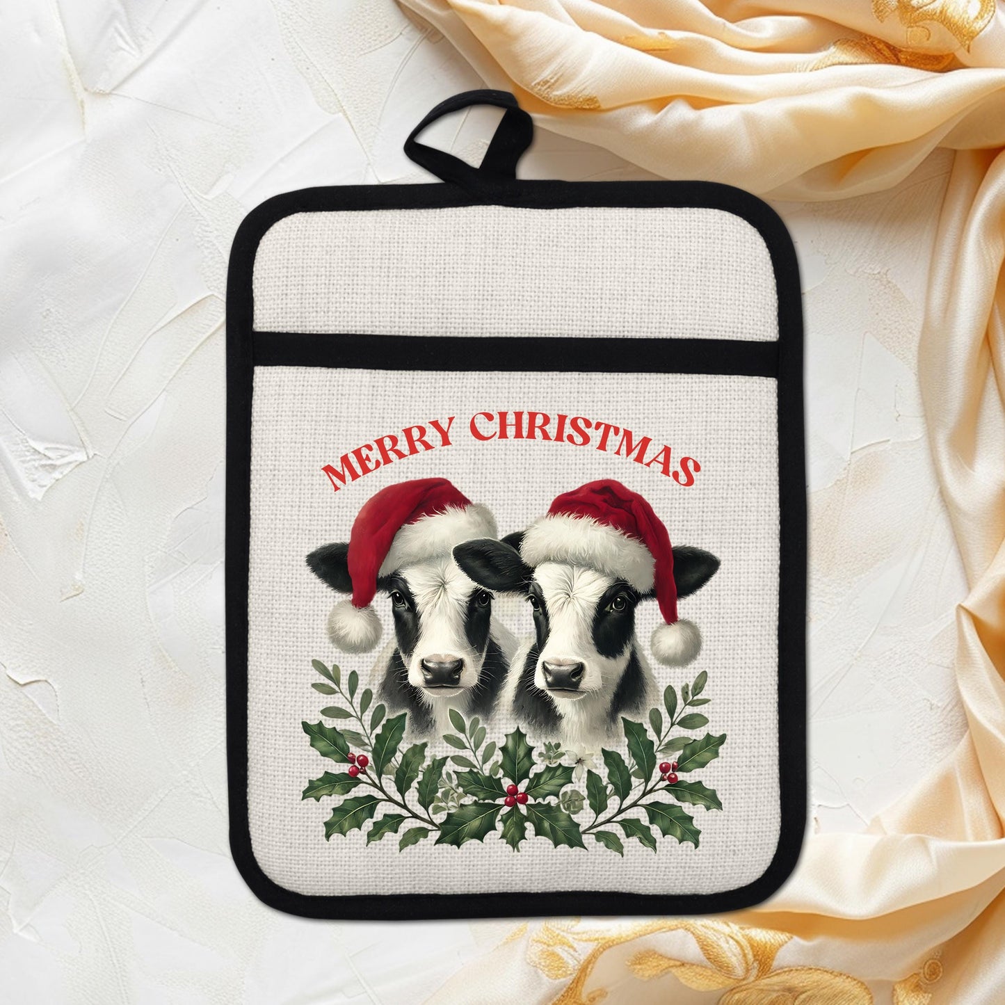 Christmas Cow Pot Holder with Santa Hats - Rustic Black  White Farmhouse Kitchen Decor