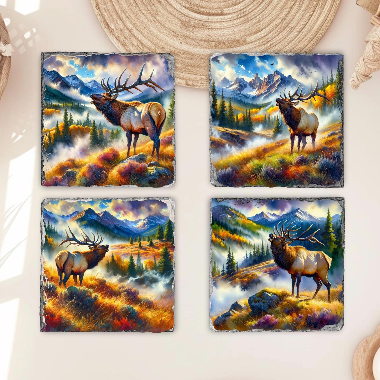 Elk Mountain Scene Slate Coaster Set with Watercolor Effect  Fractured Edges  Perfect Gift for Nature Lovers