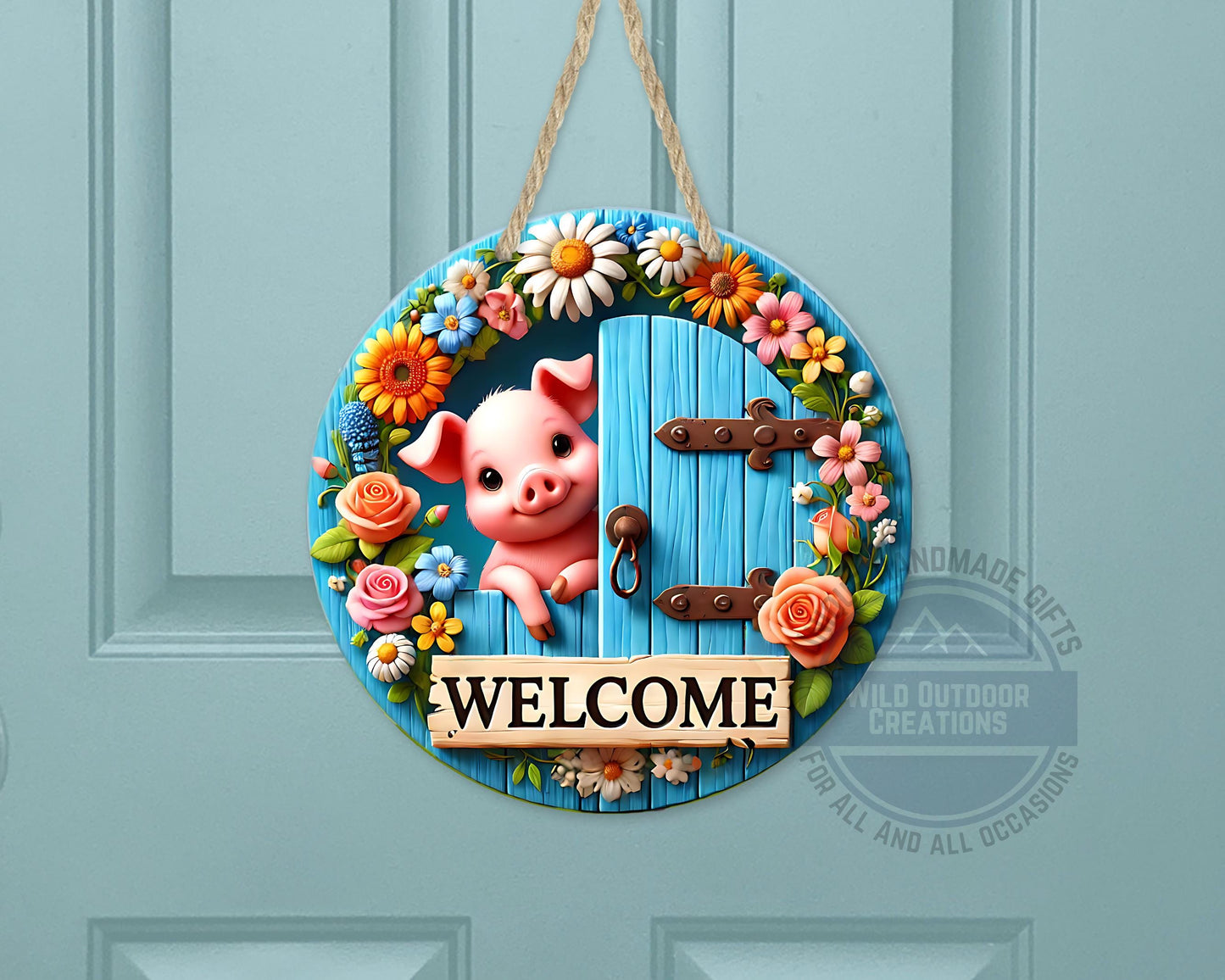 Pig Door Hanger – Farmhouse Welcome Sign | Floral Blue Wood Aluminum Decor