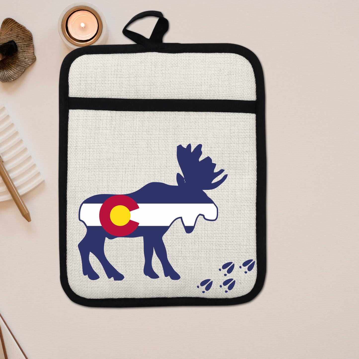 Colorado Moose Pot Holder - Heat Resistant Trivet with Silicone Back & Linen Fabric Front
