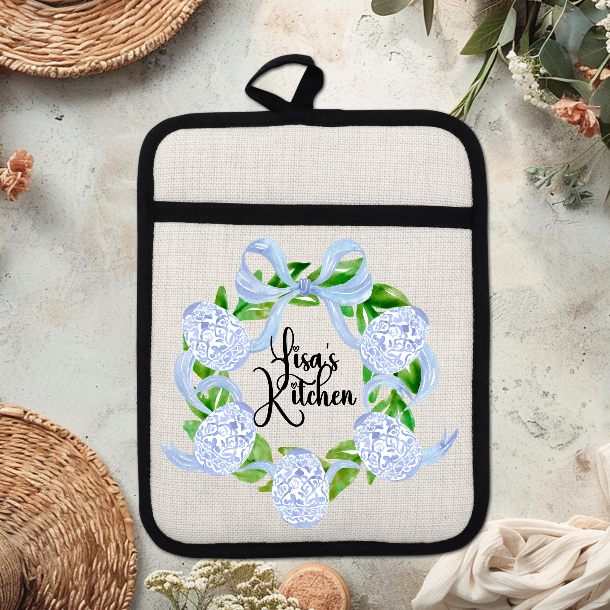 Personalized Easter Wreath | Non-Slip Pot Holder, Blue & White Chinoiserie Style Decor Gift - packaging and presentation