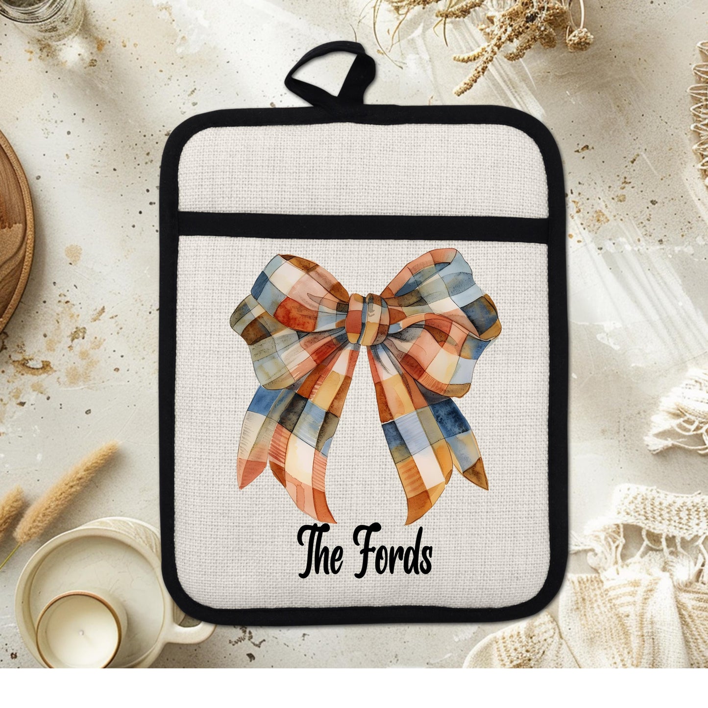 Custom Fall Gingham Pot Holder, Unique Hostess Gift, Personalized Thanksgiving Hot Pad, Seasonal Decor, Autumn Kitchen, Linen Hot Pad