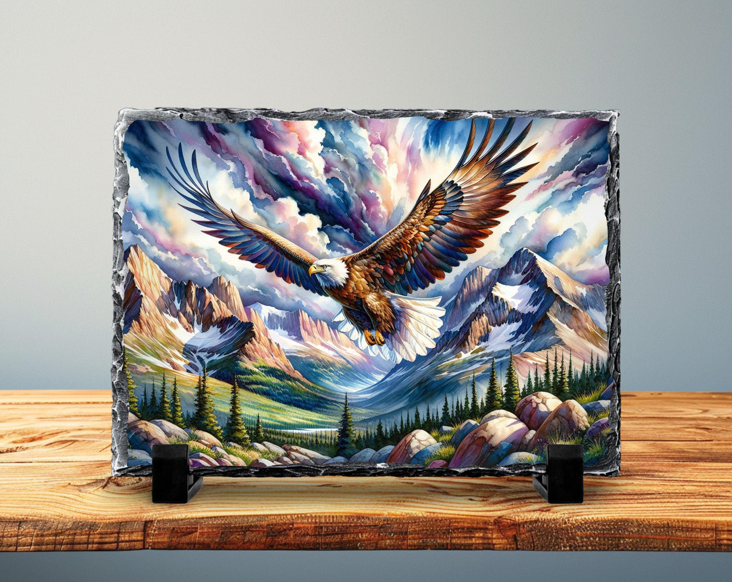 Watercolor Eagle Slate Plaque - Majestic Eagle in Flight Over Mountain Valley Rustic Wildlife Decor
