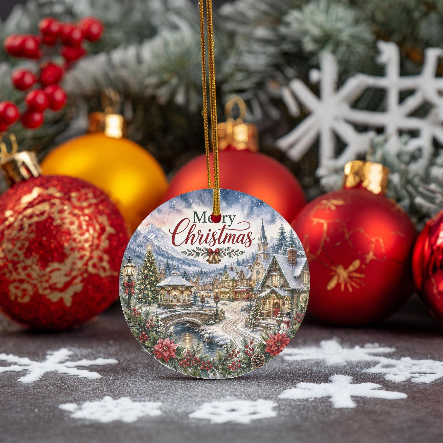 Ceramic Christmas Ornament, Snowy Church Village Scene, 3 Inch Round