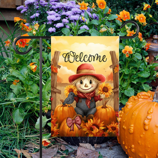 Double-Sided Garden Flag Featuring Scarecrow Pumpkins Sunflowers and Autumn Sunset