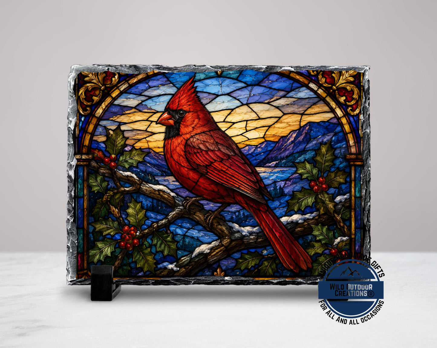 Red Cardinal Faux Stained Glass Slate Plaque, Memorial Bird Decor, Christmas Sympathy Gift