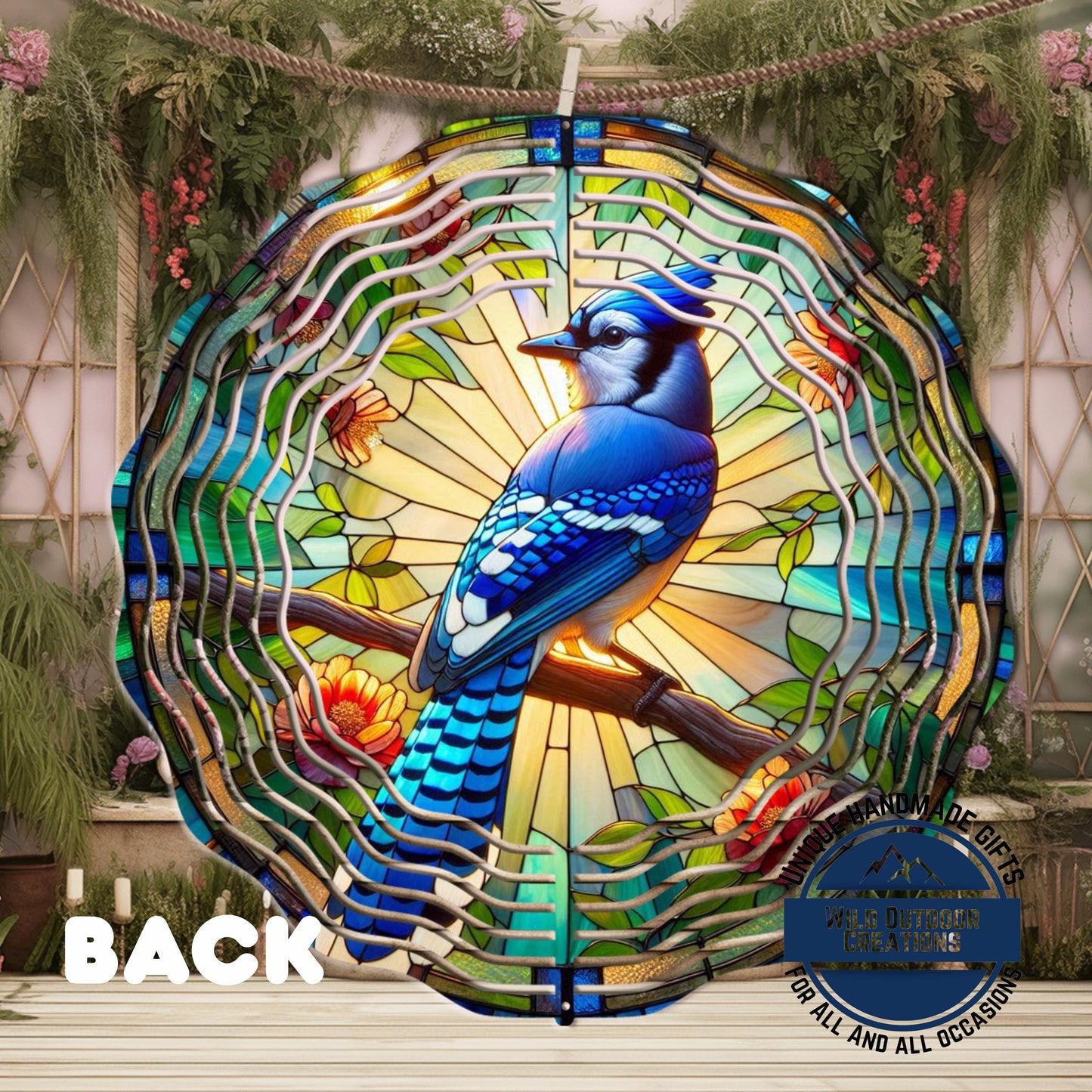 Blue Jay Wind Spinner – 10 Inch Aluminum Garden Spinner with Faux Stained Glass Decor