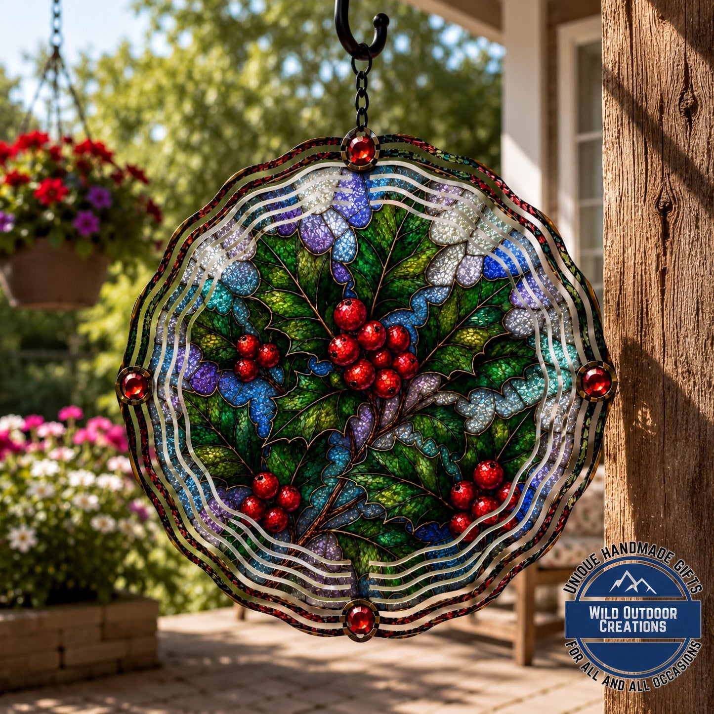 December Birth Flower Wind Spinner Holly Faux Stained Glass Garden Gift Yard Art