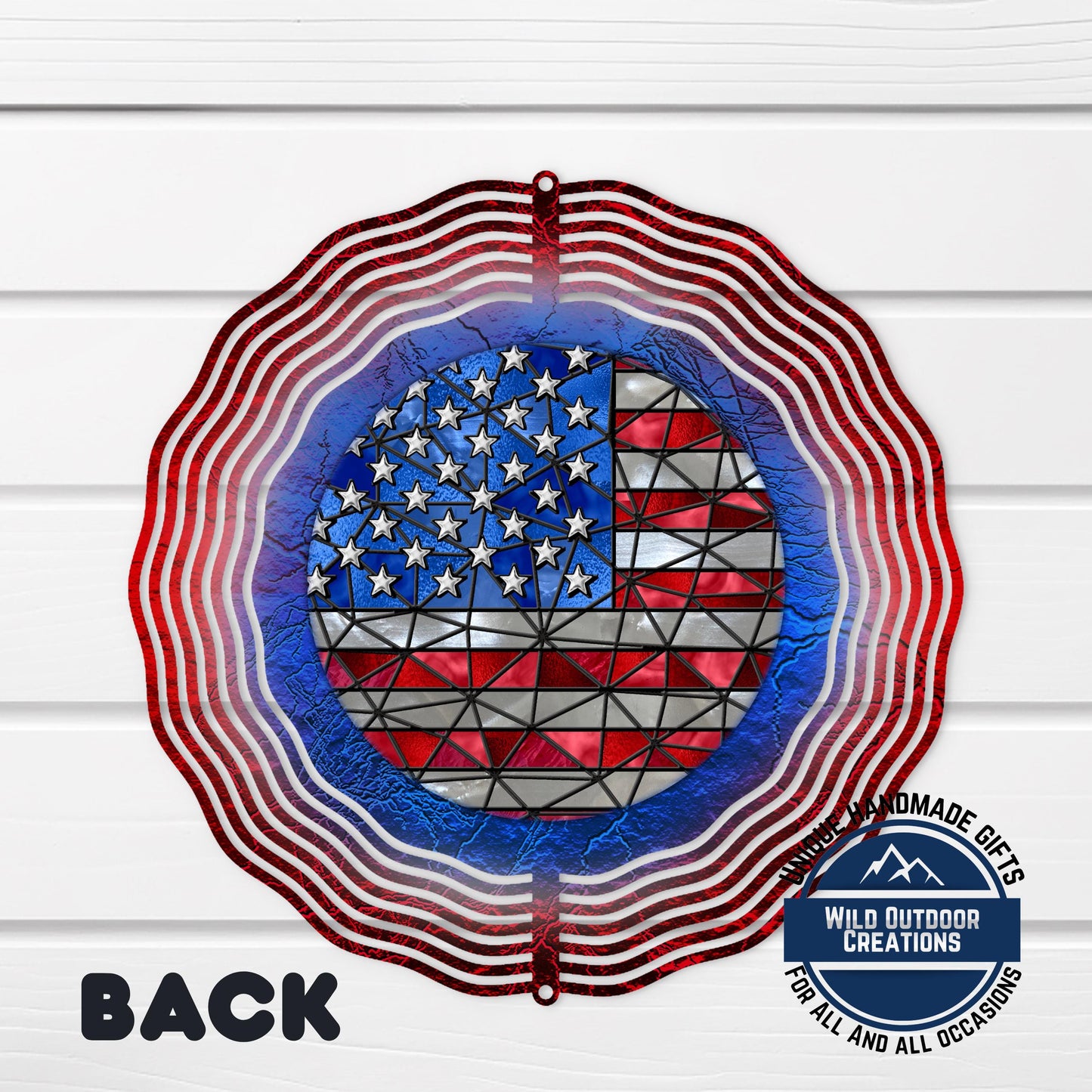 a patriotic design with a circular motif resembling the American flag, surrounded by red and white stripes.