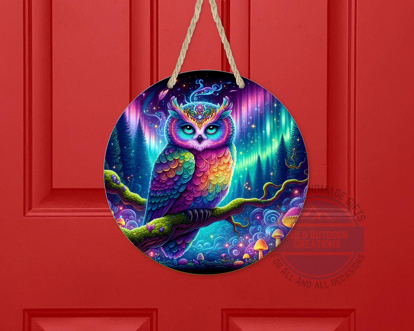 Rainbow Owl Wall Art – Psychedelic Forest Scene | Round Aluminum Sign With Fade Resistant Print