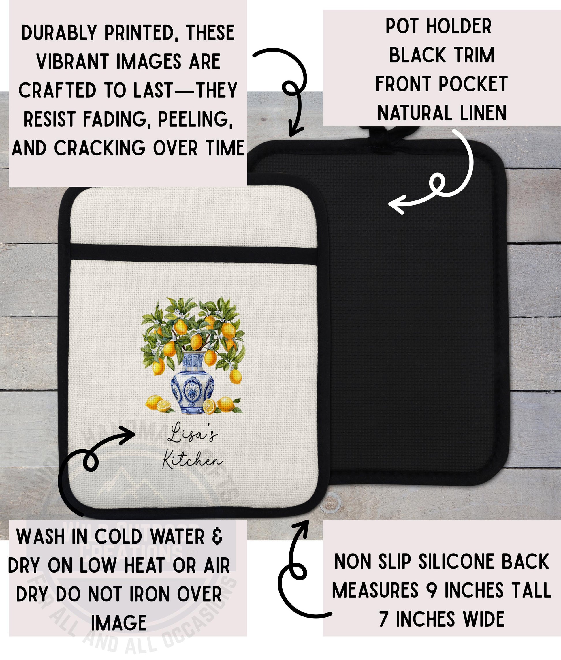 The image is a detailed description of a kitchen accessory, specifically a pot holder. It features a black and white design with a floral pattern and a blue vase with lemons. The pot holder is made of durable materials and has a non-slip back and a dry lining. It is designed to resist fading, peeling, and cracking over time. The pot holder is suitable for use with cold water and can be washed in cold water and dried on low heat or air. It measures 9 inches tall and 7 inches wide.