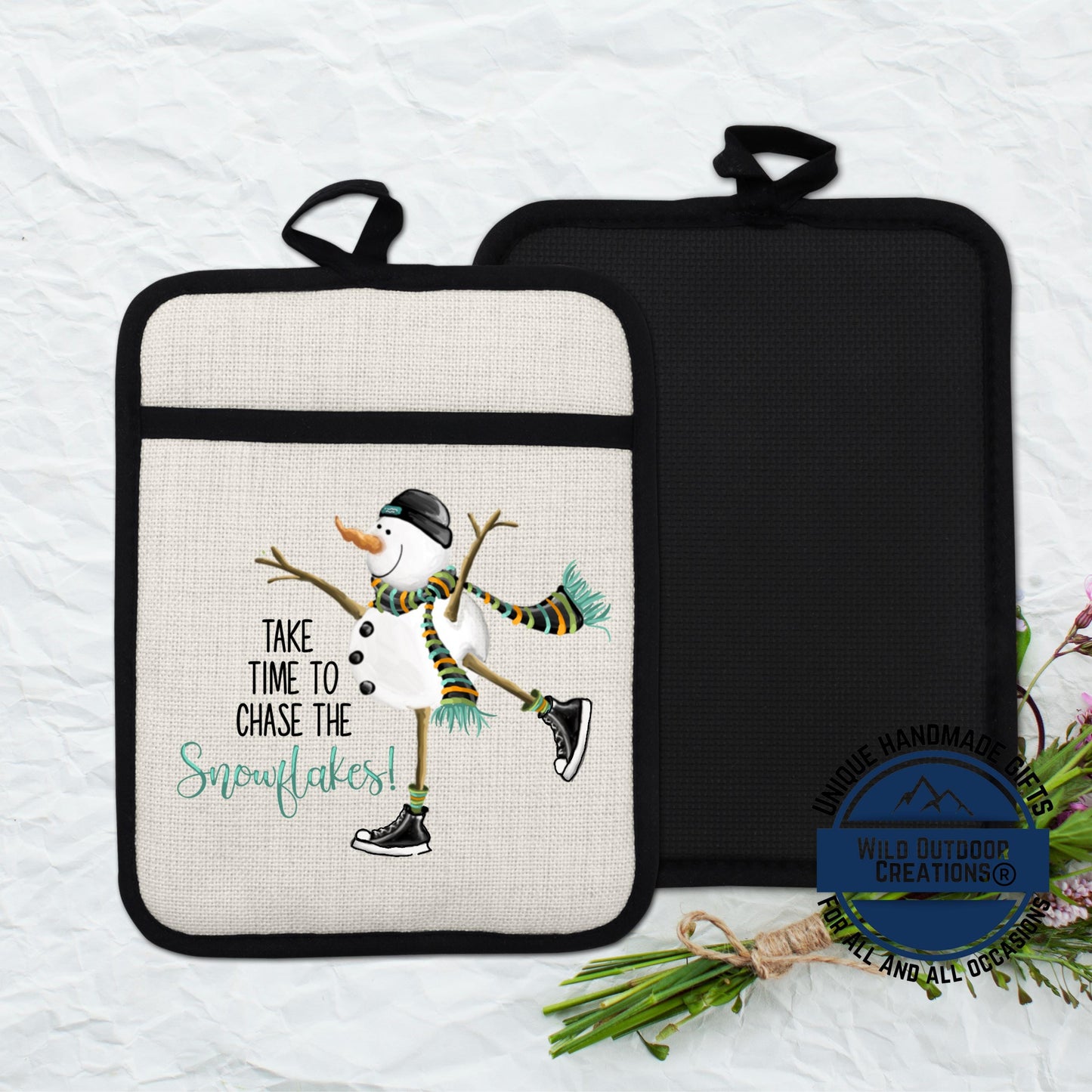 Snowman Pot Holder Winter Linen Hot Pad Ice Skating Kitchen Gift Decor
