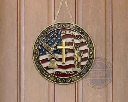 Patriotic Door Decor - America 250 Years Aluminum Door Sign 10" USA Hanger