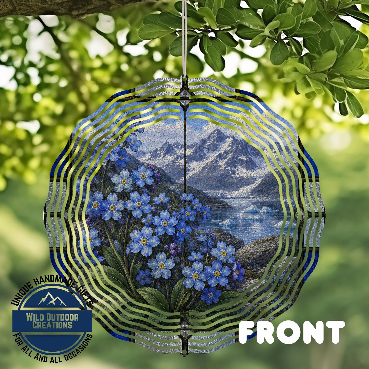 Forget Me Not Wind Spinner Alaska State Flower Stained Glass Style Garden Aluminum Decor