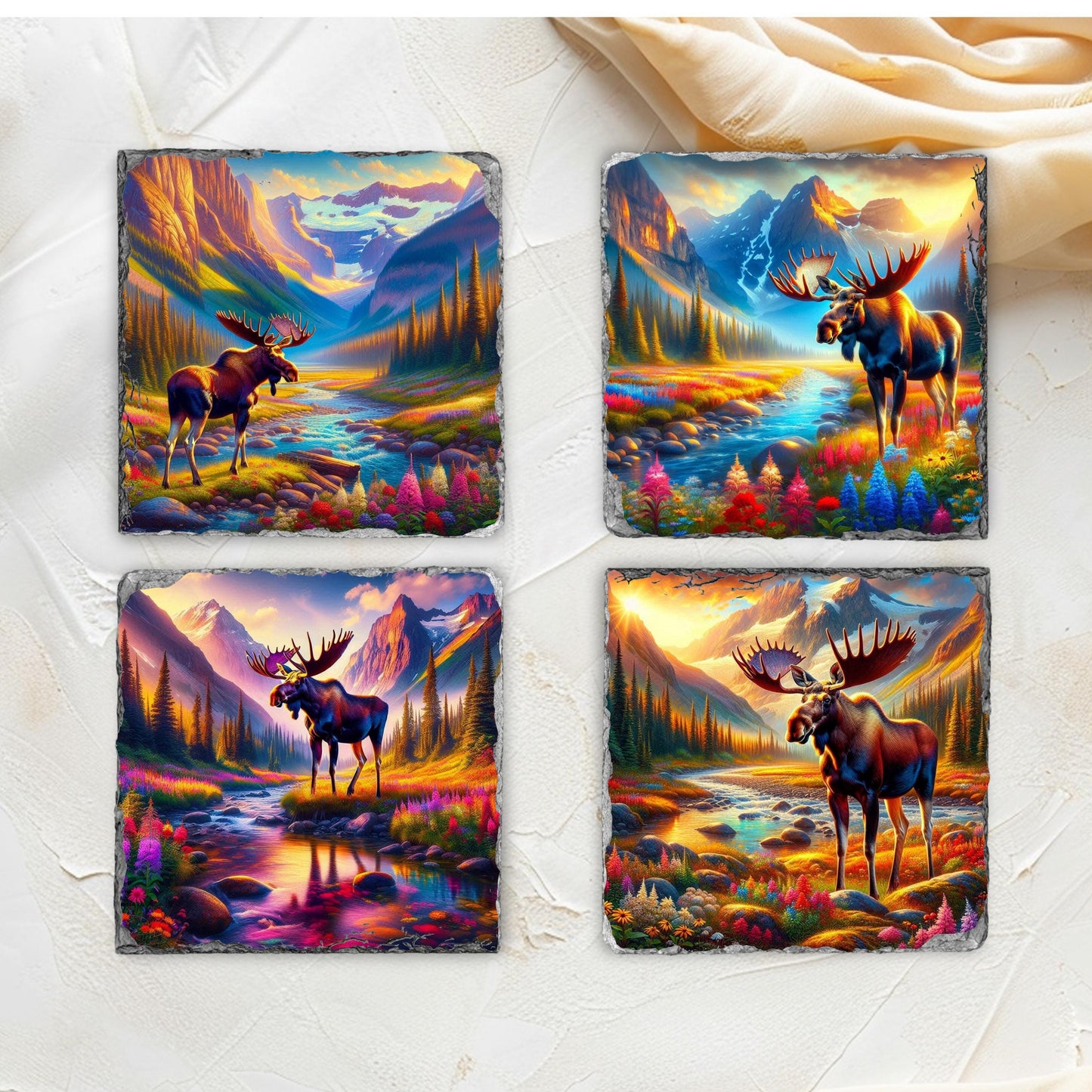 Vibrant Moose Slate Coaster Set with Wildflowers  Black Rack - Nature-Inspired Gift