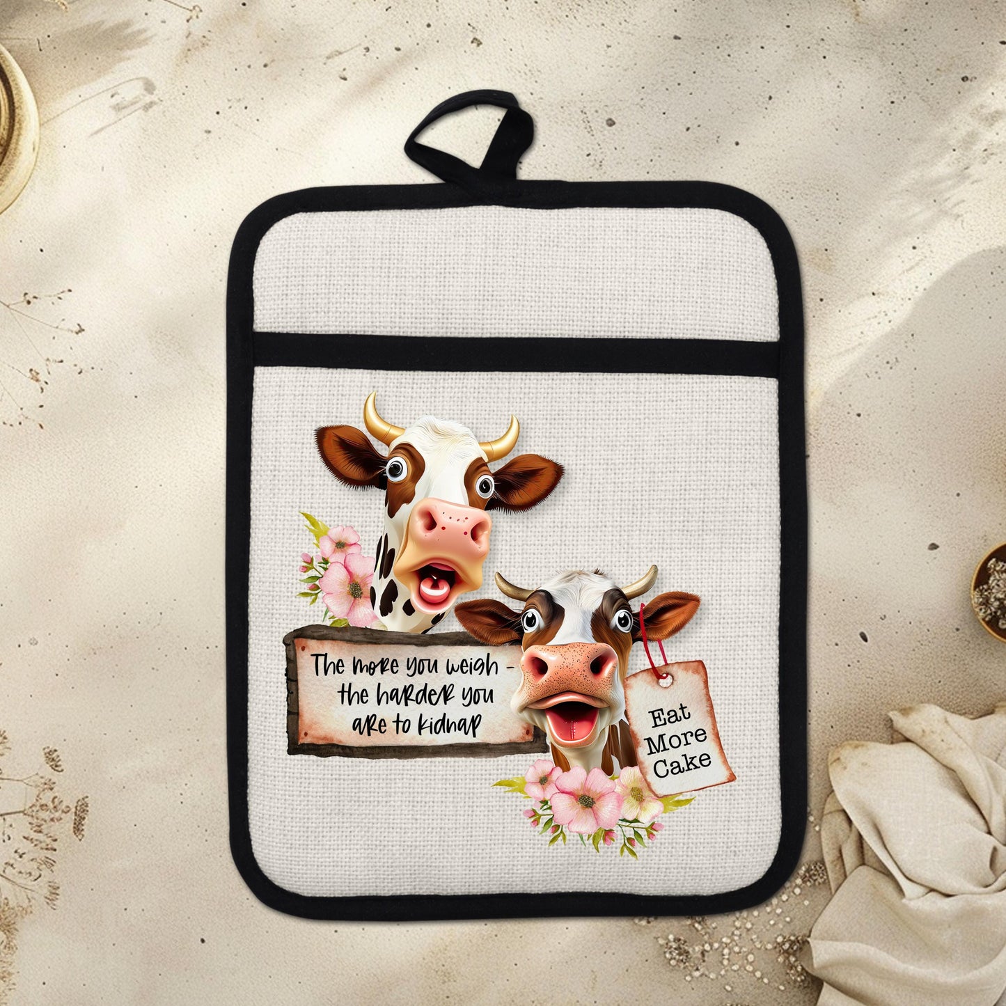 Funny Cow Pot Holder with Floral Design  Cake Quote - Charming Farmhouse Kitchen Gift