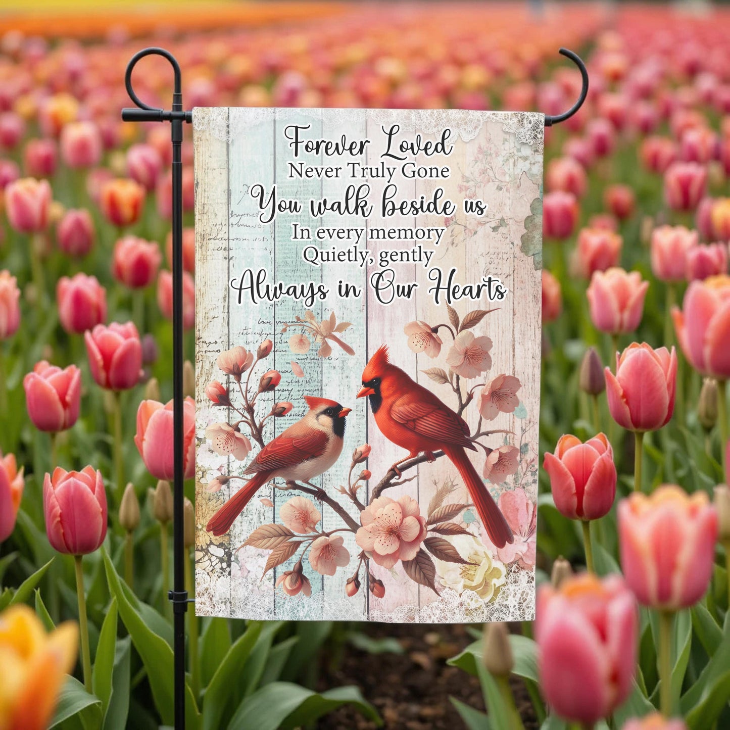 Memorial Garden Flag - Forever Loved Cardinal Tribute, Double Sided, Weather Resistant 12x18 - close up detail