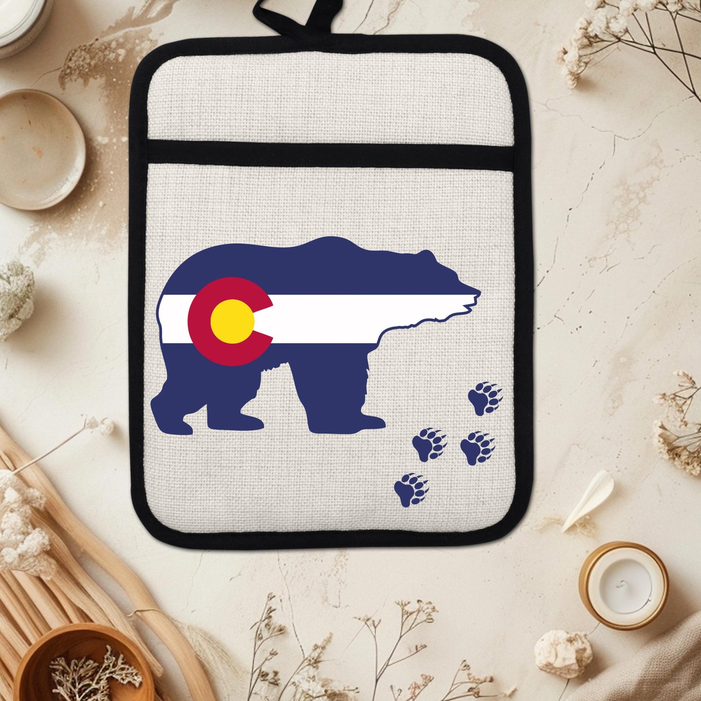 Pot Holder Oven Mitt - Colorado Bear Design | Silicone Pot Holder, Linen Fabric