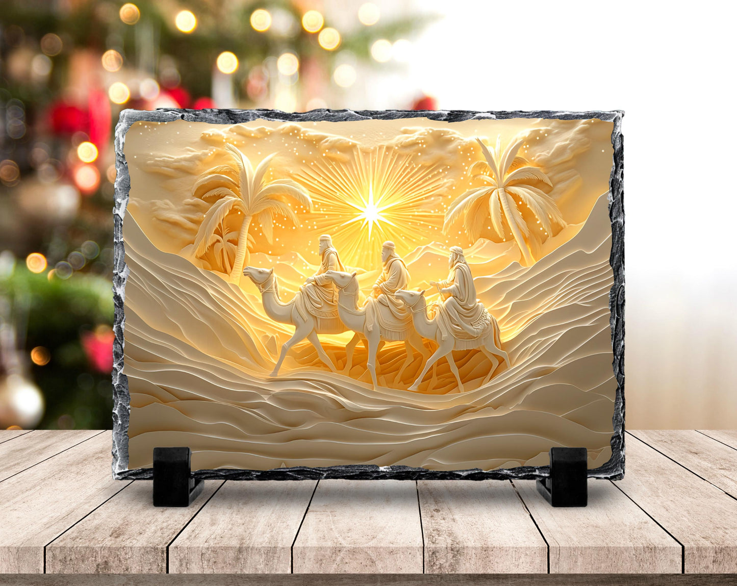 3 Wise Men Nativity Slate Plaque - Elegant Gold  White Design with Fractured Edge Ideal Christmas Gift or Religious Decor