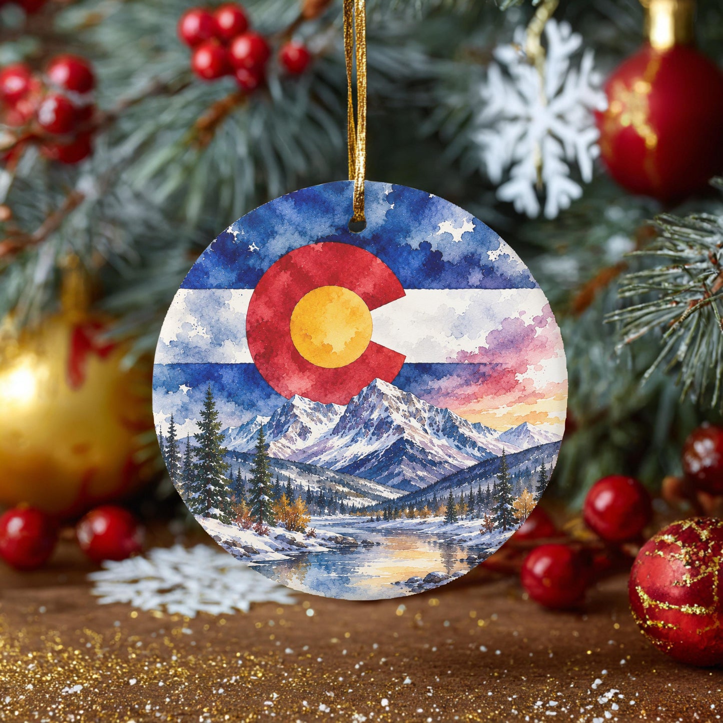 A round ornament featuring a painting of a snowy mountain landscape with a Colorado flag in the center, surrounded by Christmas decorations and ornaments.