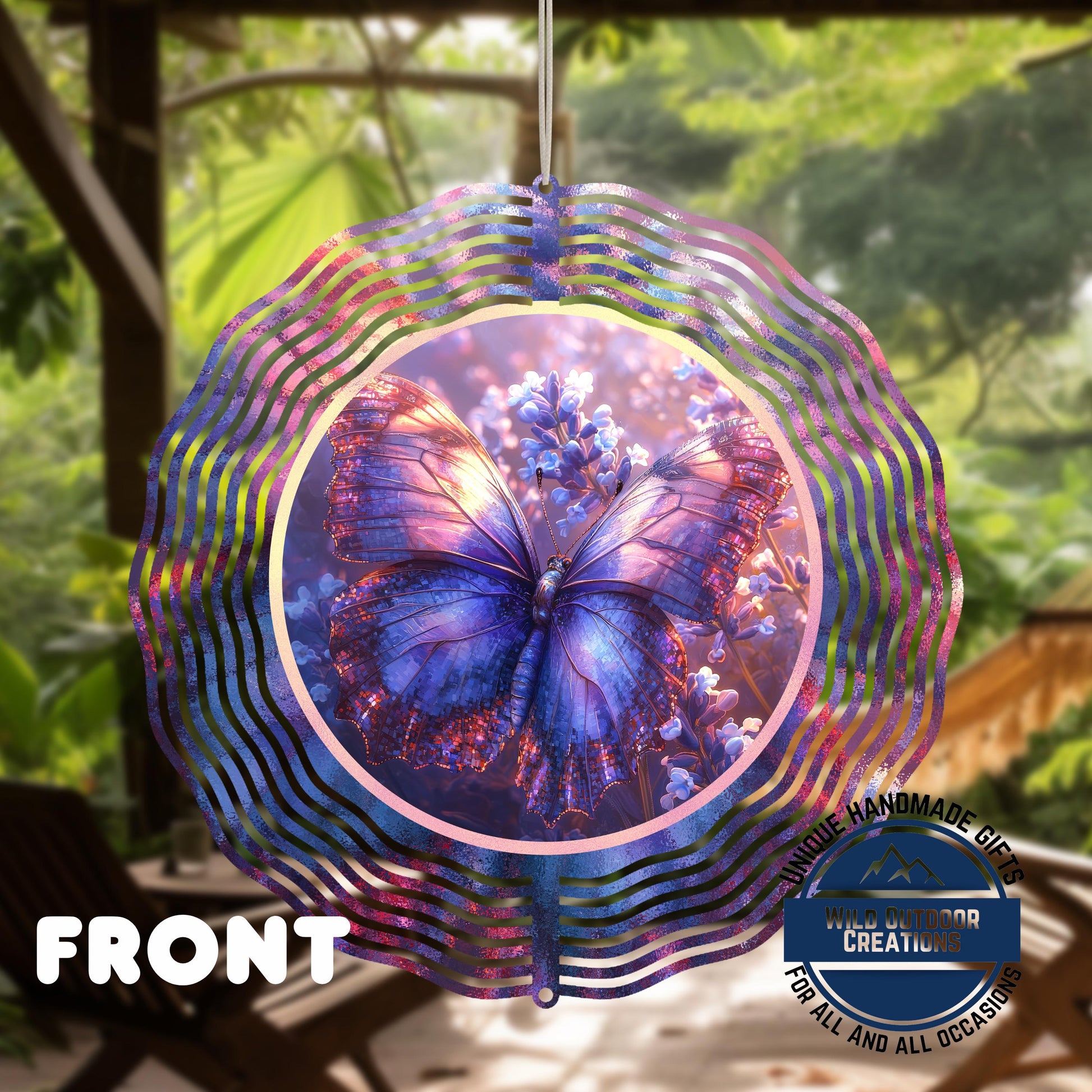 Butterfly Wind Spinner - Purple Blue Aluminum Garden Art | 360° Swivel Outdoor Décor - shown spinning in outdoor garden se...