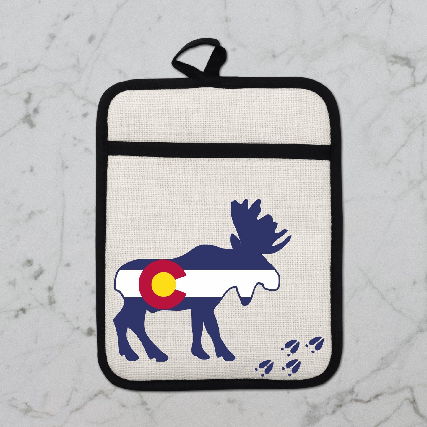 Colorado Moose Pot Holder - Heat Resistant Trivet with Silicone Back & Linen Fabric Front