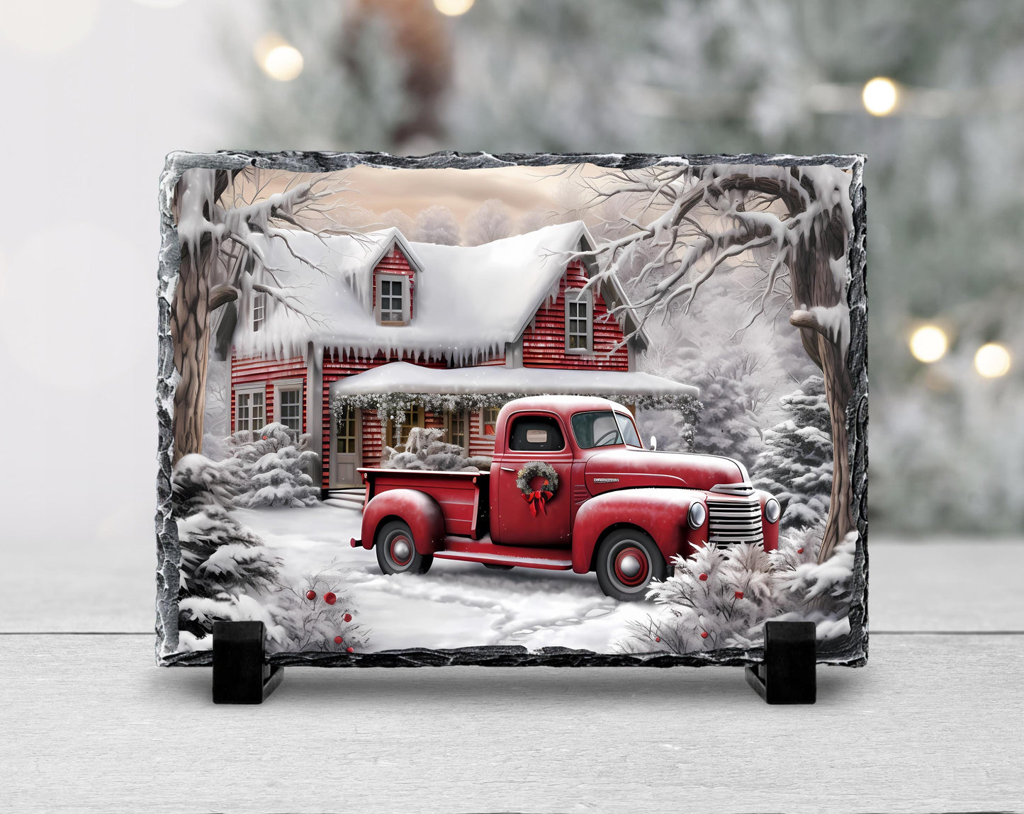 Winter Farm Scene Slate with Red Truck and Wreath - Festive Christmas Decor Gift for Home