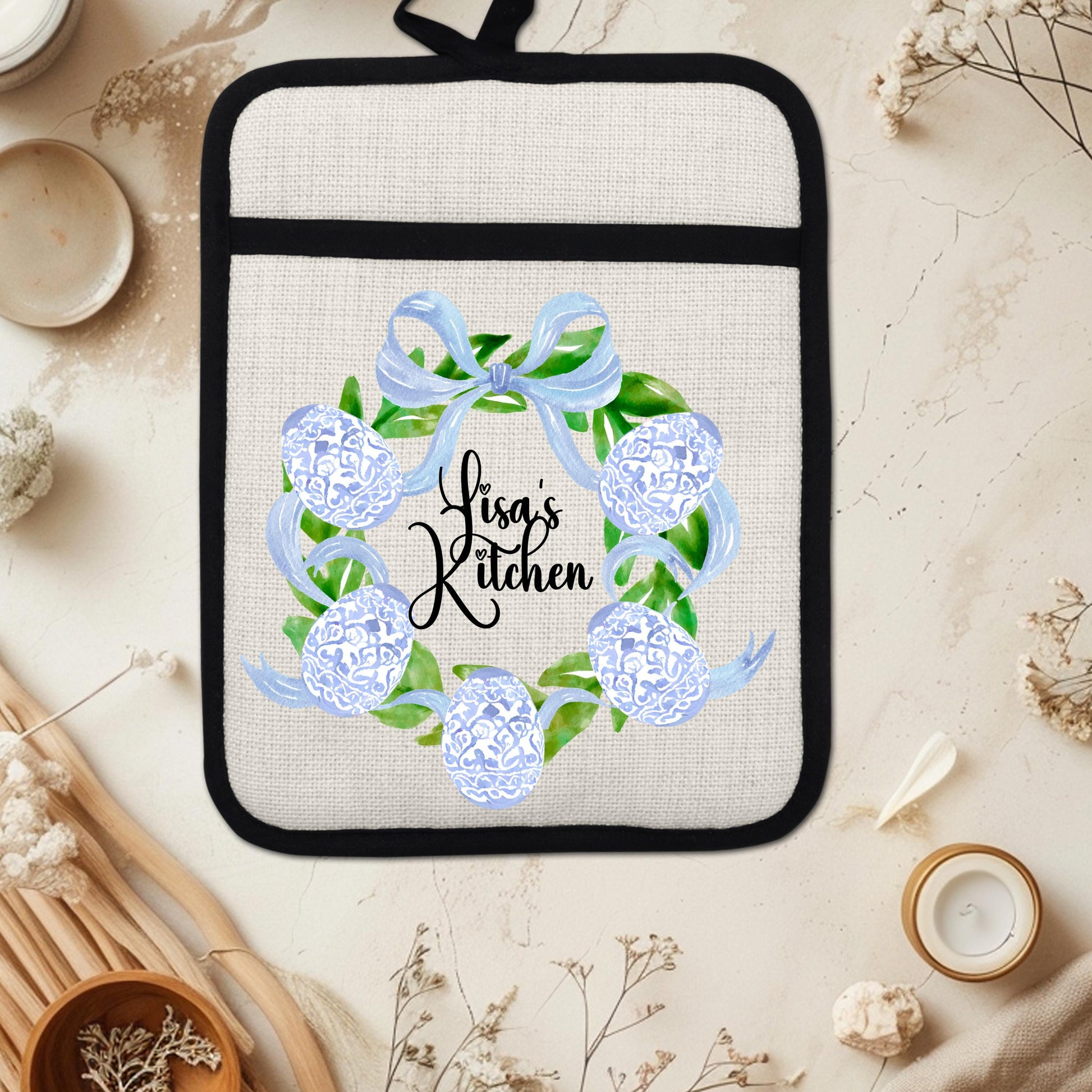 Personalized Easter Wreath | Non-Slip Pot Holder, Blue & White Chinoiserie Style Decor Gift - detail view