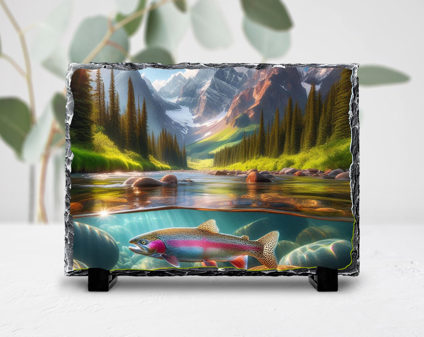 Nature-Inspired Slate Art featuring Rainbow Trout  Rustic Mountain Stream Wall Decor for Outdoor Enthusiasts