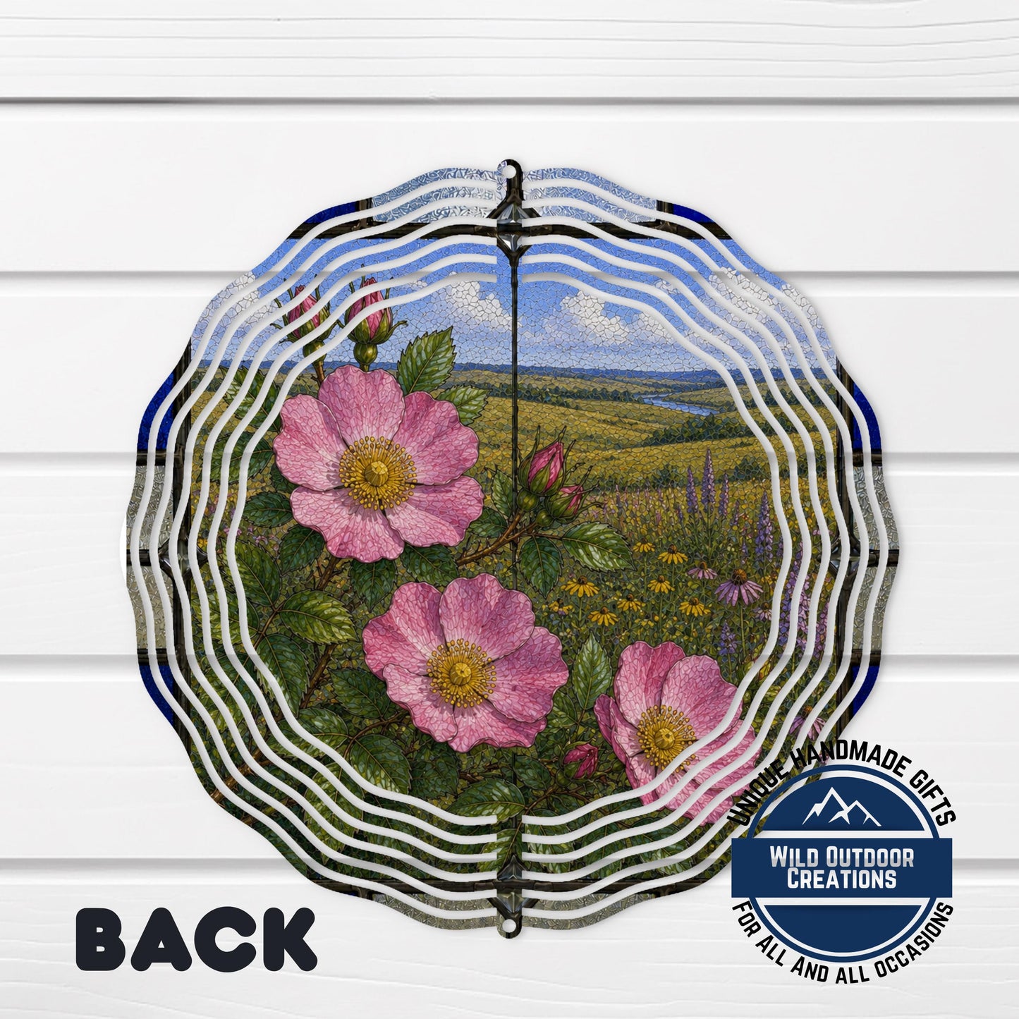 Wild Prairie Rose Wind Spinner Iowa State Flower Stained Glass Garden Aluminum Decor