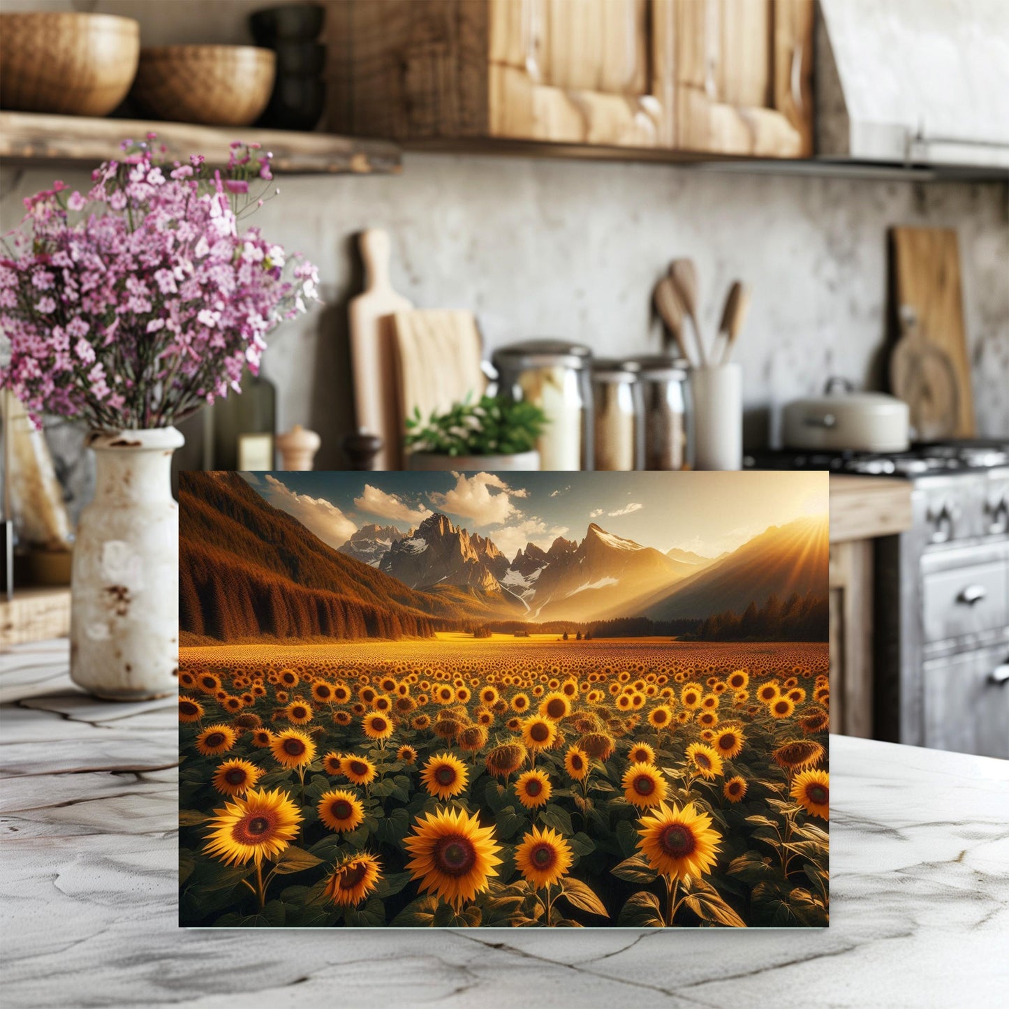Mountain Sunset Sunflower Cutting Board, Large Glass Kitchen Board, Hostess Housewarming Gift, Charcuterie Board, Challah Board, Unique Gift