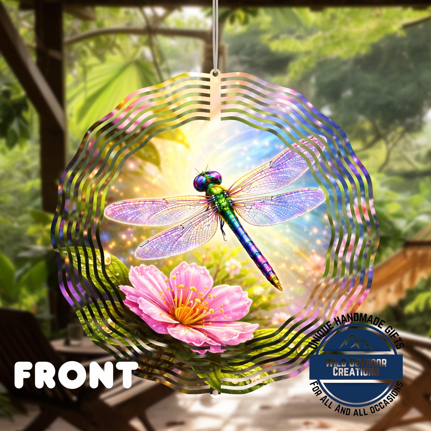 Dragonfly Wind Spinner – Double Sided Aluminum 10in | Floral Garden Decor - back side design view