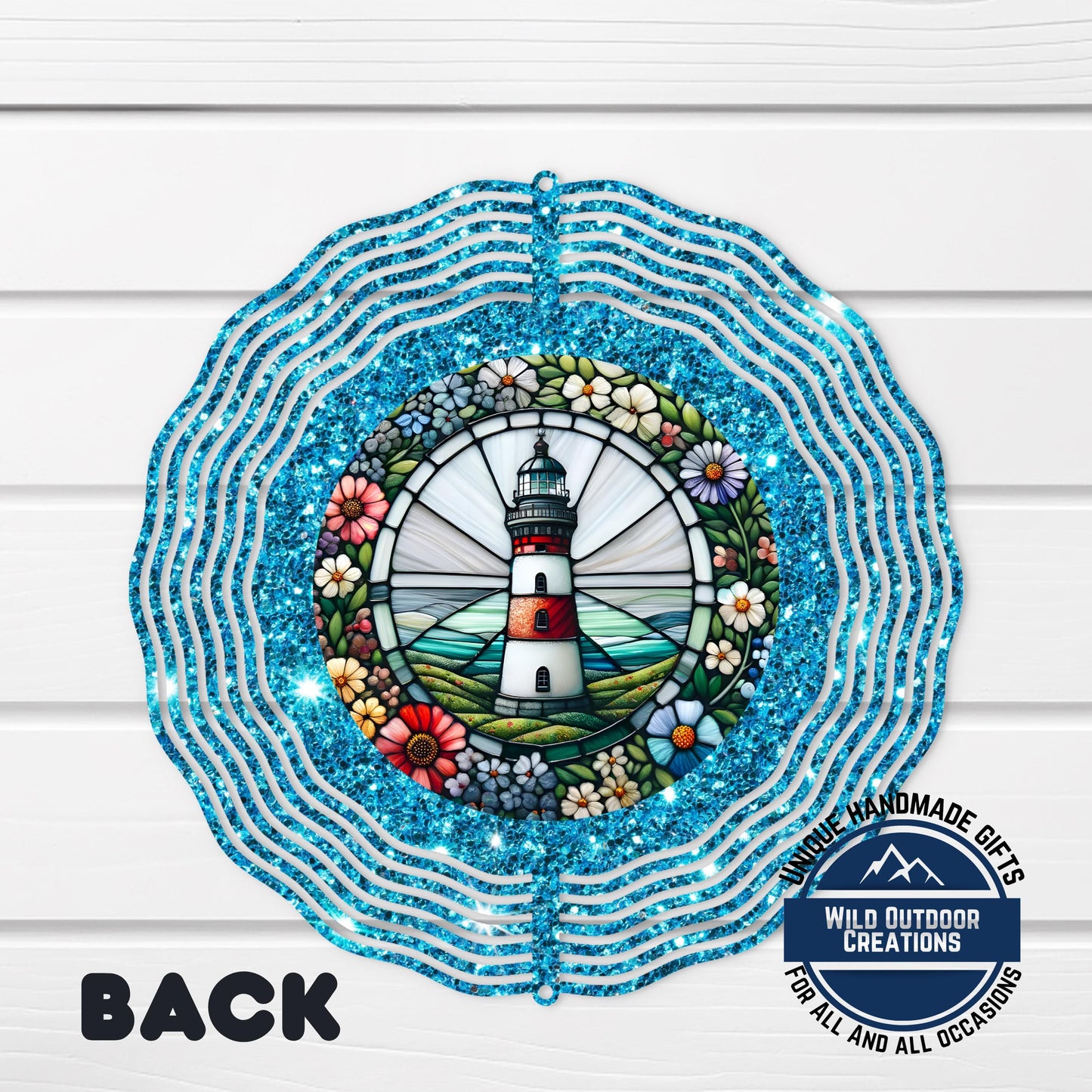 Coastal Lighthouse Wind Spinner – Aluminum Outdoor Garden Decor with Blue Glitter