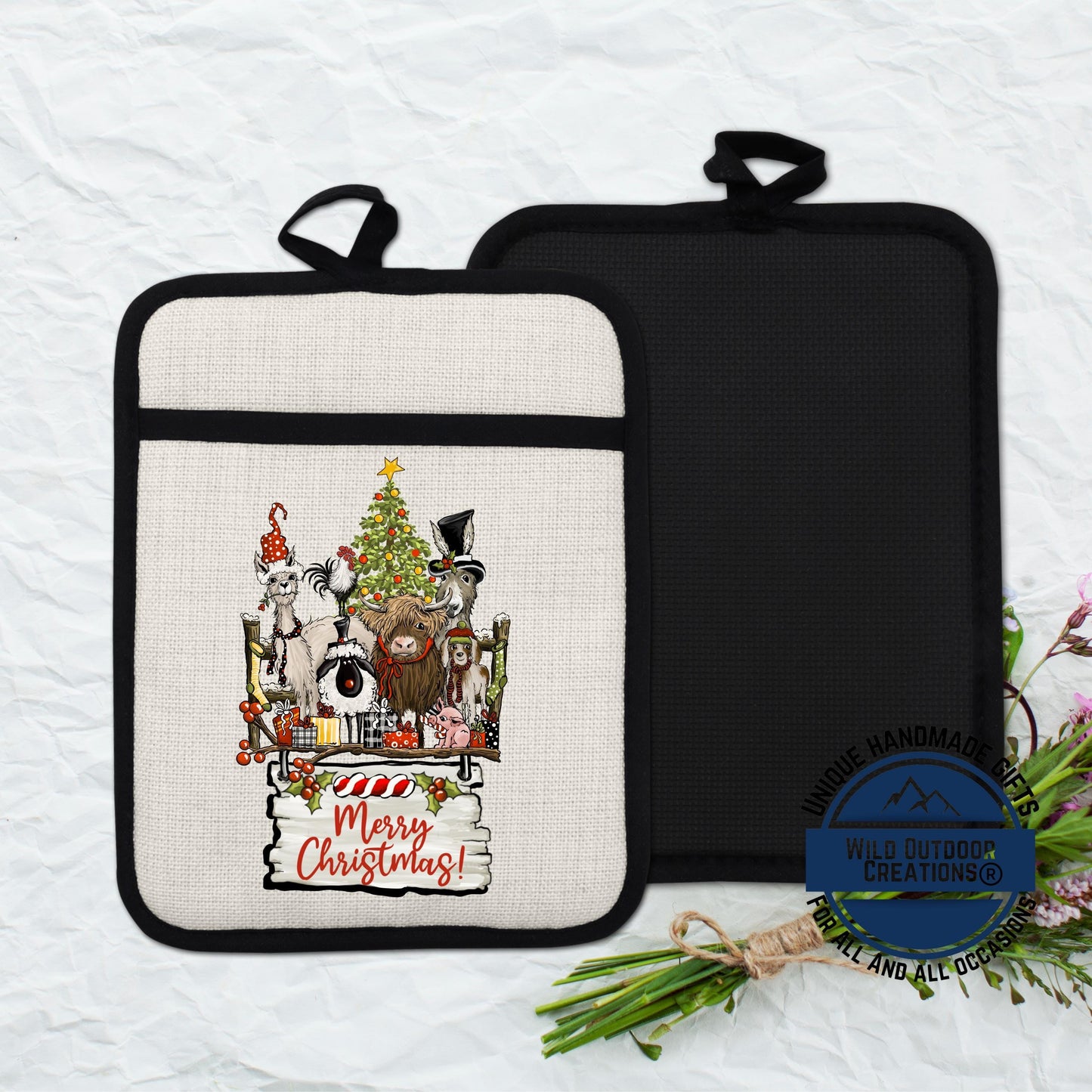 Farmhouse Pot Holder Linen Hot Pad Highland Cow Llama Christmas Kitchen Gift Decor