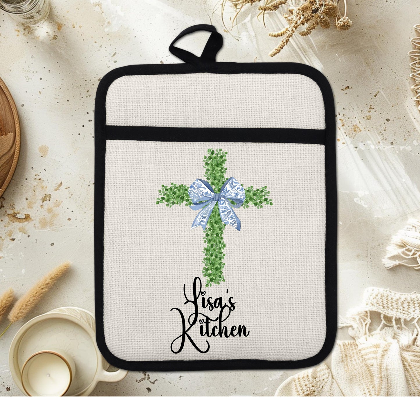 Personalized Christian Pot Holder - Custom Name Floral Cross Kitchen Gift - scale and size reference