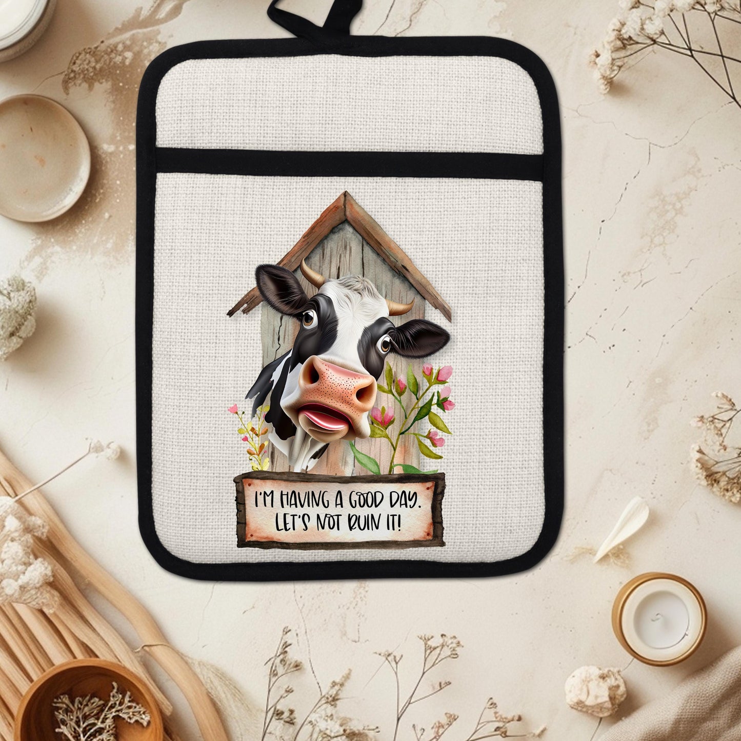 Rustic Funny Cow Pot Holder with Silicone Back  Hanging Loop - 9x7 Linen Hot Pad for Barn Kitchen Decor