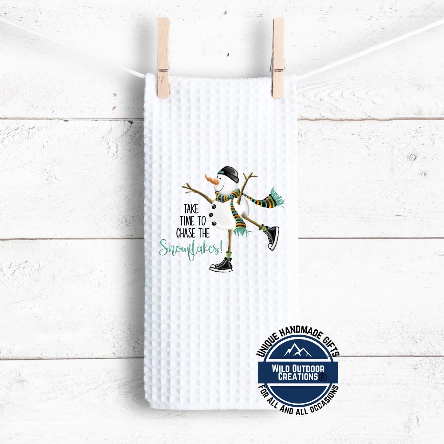Ice Skating Snowman Kitchen Towel Chase The Snowflakes Winter Waffle Weave Holiday Decor