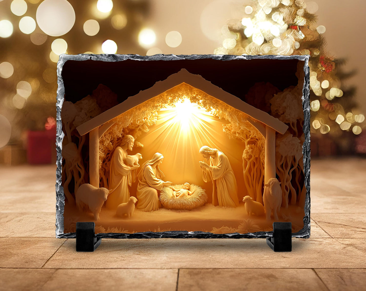 3D Glow Nativity Scene Slatestone Decor with Fractured Edges  Unique Religious Home Accent for Christmas Gifts