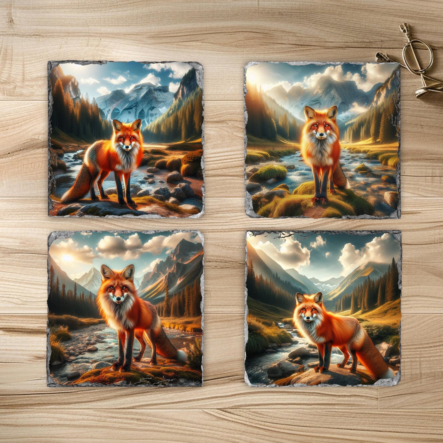 Handcrafted Natural Slate Coaster Set with Fox Mountain Scene  Black Rack - Perfect Gift for Wildlife Lovers